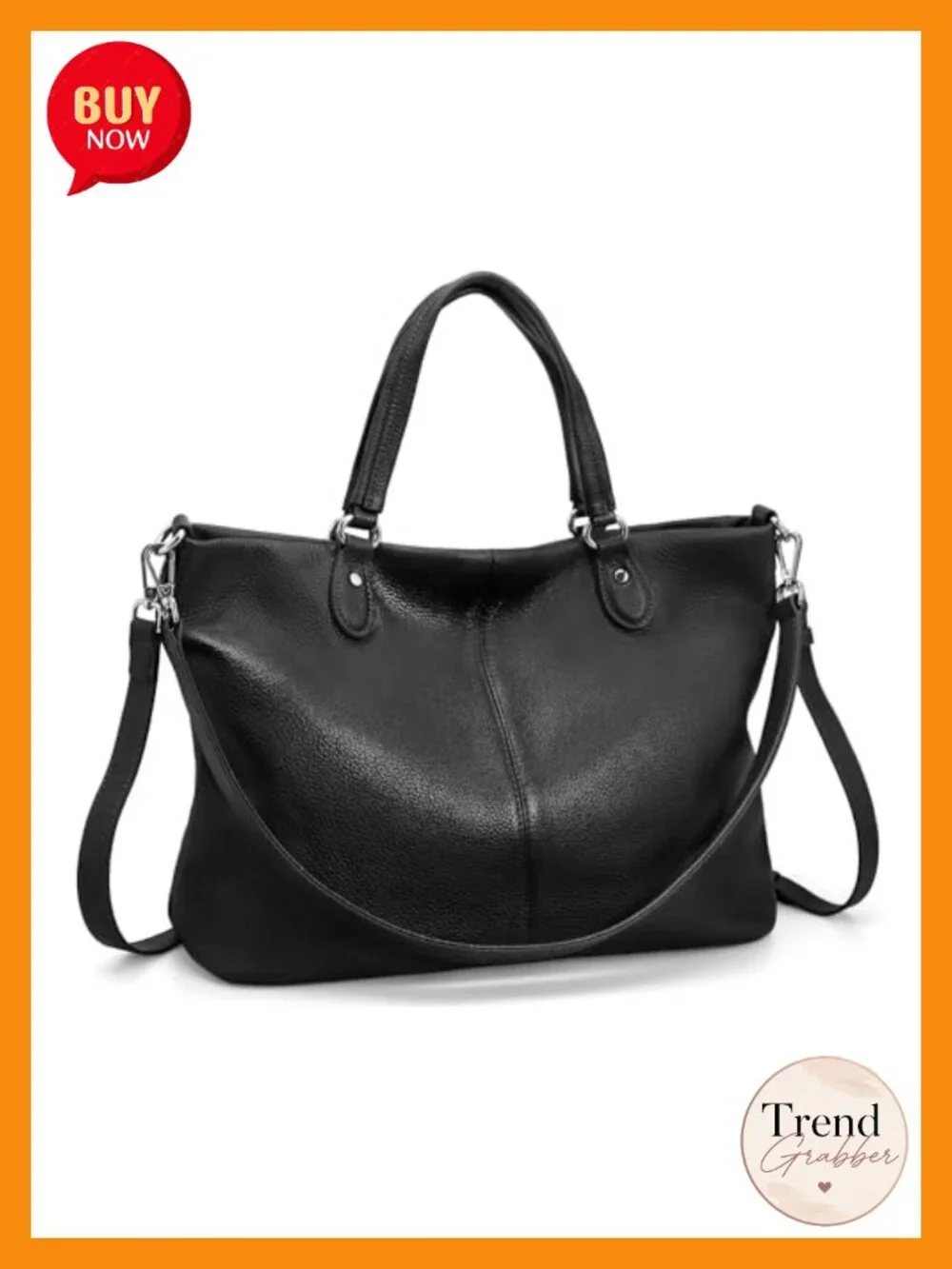 Genuine Leather Tote Bag with Zipper, Shoulder & Crossbody Strap